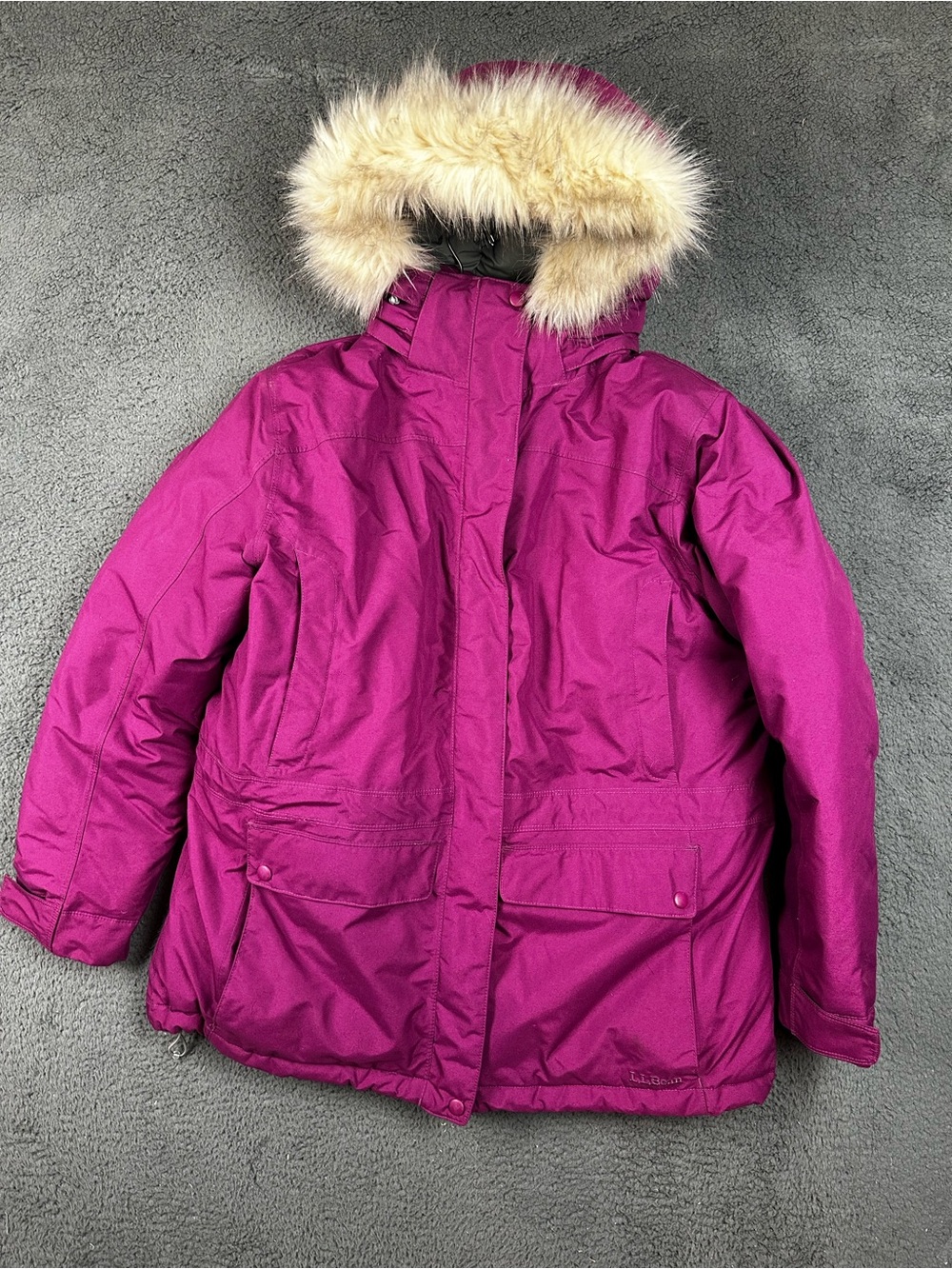 LL Bean Womens XL Goose Down Parka Magenta Purple Faux Fur Hood Winter Coat